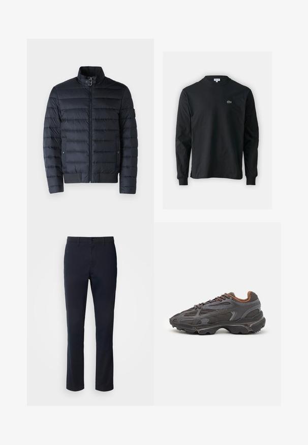 Marineblaue Daunenjacke mit Stehkragen, horizontal gestepptem Design, frontalem Reißverschluss und seitlichen Taschen. Mit gerippten Bündchen und Saum.; Schwarzes Langarm-T-Shirt aus Baumwolle, mit Rundhalsausschnitt und einem kleinen grünen, gestickten Krokodil-Logo auf der linken Brust.; Marineblaue Hosen aus glattem Material mit geradem Bein, Gürtelschlaufen und einer Knopfverschluss mit Reißverschluss.; Lacoste Sneaker in Dunkelgrau aus Mesh und Synthetikmaterial, mit einer strukturierten Sohle und braunen Akzenten am Kragen und Logo.