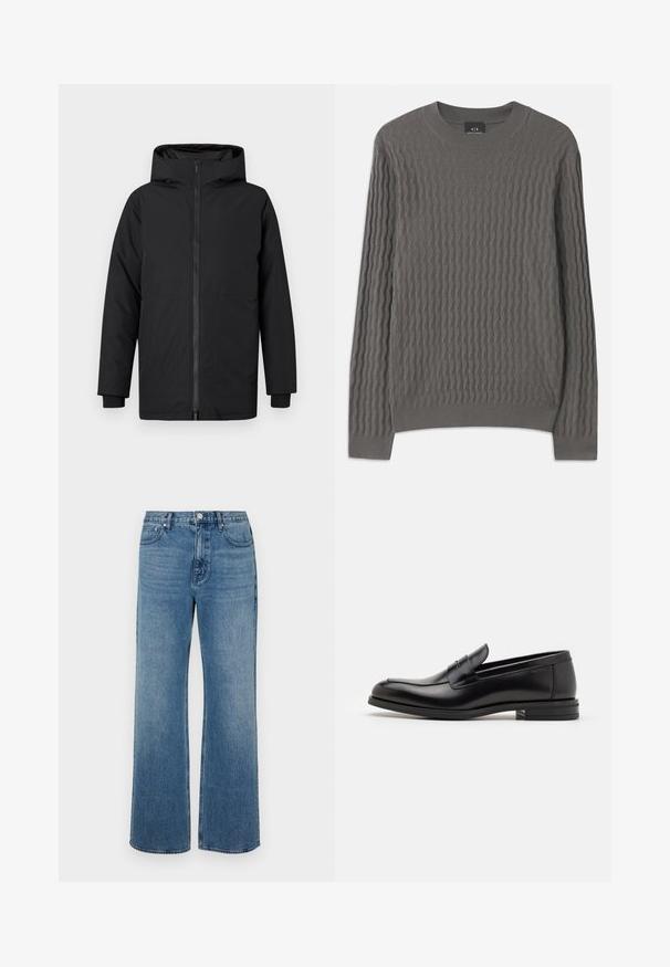 QUARTZ CO JULES - Dunkappa / -rock - black; Armani Exchange Stickad tröja - dark gull zig zag; Vida blå jeans i vida ben av denim med en blekt finish. Har fem fickor, knappstängning fram och rak skärning.; Svarta läderloafers med en slät yta, rund tå och ett dekorativt band över främre delen. Låg staplad klack, minimalistisk design.