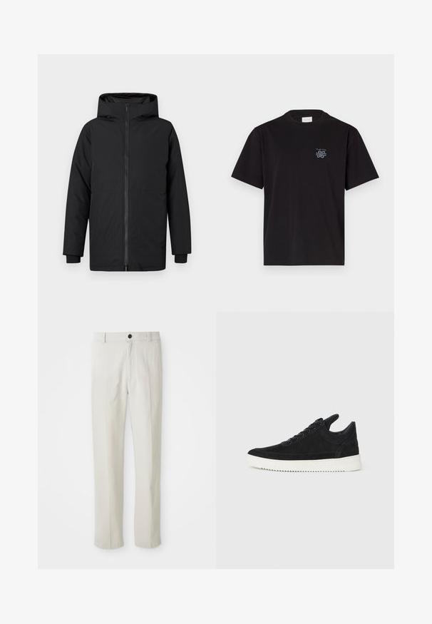 QUARTZ CO JULES - Dūnu mētelis - black; Melna kokvilnas T-kreklu ar apaļu kaklu un īsām piedurknēm. Saturs mazu zilu logotipu kreisajā krūtī. Vienkāršs, taisns griezums.; Bežīgas taisnas kājas bikses ar jostu cilpām, priekšējo pogu un rāvējslēdzēju, izliktas plakni uz baltas fona.; Melna zamša apavi ar baltu gumijas zoli, ar tonālu izšuvumu un auklu dizainu. Gluda tekstūra ar mūsdienīgu, plūstošu formu.