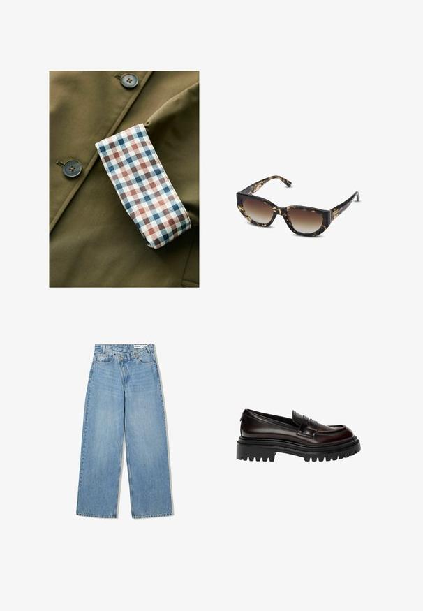 Kurtka w oliwkowym kolorze z teksturowanym wykończeniem, z kratkowanym mankietem w kolorach białym, niebieskim i rdzawego. Guziki są plastikowe w brązowym kolorze.; Brązowy sweter z golfem wykonany z miękkiego materiału, charakteryzujący się dopasowanym krojem, prążkowanym kołnierzem i mankietami oraz lekko skróconym dołem.; Jasnoniebieskie dżinsy w szerokim kroju, wykonane z denimu, z podwyższonym stanem, pięcioma kieszeniami, zapięciem na guzik i subtelnym wyblaknięciem dla uzyskania tekstury.; Ciemnobrązowe, wypolerowane skórzane mokasyny z masywną czarną podeszwą lug i klasycznym paskiem penny.; Brązowe i czarne okulary przeciwsłoneczne w kształcie kota z kątami, z gradientowymi soczewkami i grubą oprawką. Logo wydrukowane na zausznikach.; Brązowa, wyściełana torba na ramię o zaokrąglonym kształcie, z zamkiem błyskawicznym i regulowanym paskiem, oferująca różne opcje noszenia.