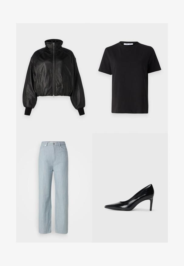 Lyhennetty musta nahkabomber takki korkealla kauluksella, ribatulla hihalla ja vetoketjusuljennuksella. Sisältää sivutaskut ja pehmustetut olkapäät.; Musta lyhythihainen t-paita, joka on valmistettu pehmeästä puuvillasta. Paitassa on pyöreä kaula-aukko, rento malli ja sileä pinta. Ei näkyviä kuvioita tai graafisia elementtejä.; Vaaleansiniset suorat farkut, jotka on valmistettu denimistä. Sisältää viisi taskua, metallinappikiinnityksen ja hienovaraisen kulutustekstuurin.; Mustat nahkakengät korkealla korolla, terävä kärki, sileä pinta ja kapeneva korko. Minimalistinen muotoilu, ei ylimääräisiä koristeita.