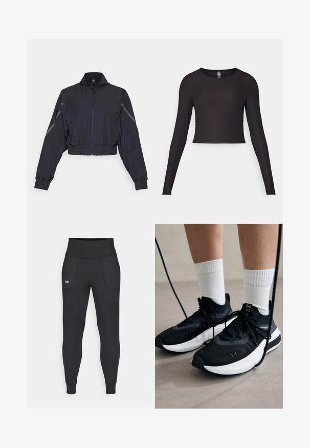 Κοντό μαύρο μπουφάν κατασκευασμένο από ελαφρύ ύφασμα, με όρθιο γιακά, μπροστινό φερμουάρ και ελαστικούς καρπούς με ανα reflective λεπτομέρειες.; Μαύρη κοντή μπλούζα με μακριά μανίκια από ριμπ ύφασμα. Διαθέτει στρογγυλή λαιμόκοψη και εφαρμοστή σιλουέτα με υφή στην επιφάνεια.; Μαύρα αθλητικά κολάν κατασκευασμένα από ελαστικό υλικό, με ψηλή μέση, πλαϊνές τσέπες και στενές μανσέτες στον αστράγαλο.; Μαύρα αθλητικά παπούτσια με υφασμάτινη υφή, λευκή σόλα και μαύρα κορδόνια. Φορεμένα με λευκές ριγέ κάλτσες, στέκονται σε ελαφριά επιφάνεια.