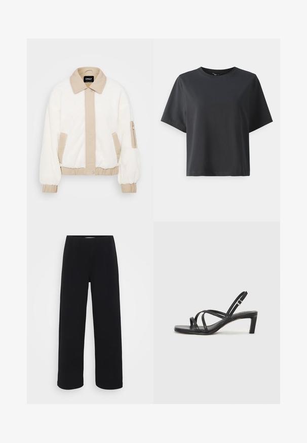 Faux fur jas in ivoorkleur met een beige kraag en voorpaneel. Voorzien van elastische manchetten, zijzakken en een met rits afsluitbare armzak voor opbergruimte.; Zwarte katoenen t-shirt, korte mouwen, ronde hals, losse pasvorm, gladde textuur, eenvoudig ontwerp, geen patronen of accenten.; Zwarte wijde broek met een elastische tailleband. Gemaakt van een gestructureerd materiaal, met een losse pasvorm en rechte snit van heup tot zoom.; Zwarte sandaal met bandjes, vierkante teen en een lage blokhak. Voorzien van meerdere dunne bandjes en een verstelbare enkelband. Gemaakt van zacht leer.
