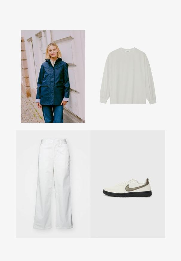 Jūros pakrančių vandeniui atsparus džemperis su kapišonu, priekinis mygtukų užsegimas, du priekiniai užtrauktukų kišenės ir kontrastingos juostos apykaklės. Lygus paviršius, laisvas siluetas.; Šviesiai pilkas ilgomis rankovėmis marškinėliai, pagaminti iš minkštos medvilnės. Sukurtas laisvam prigludimui, apvaliu iškirpimu ir švelniai susigūžusiomis rankovėmis. Be raštų ar piešinių.; Balti plačios kojos kelnės, pagamintos iš medvilnės, turinčios lygią tekstūrą, tiesų siluetą, priekinės kišenės ir švarų apvado kraštą.; Nike Sportswear FIELD GENERAL - Sportbačiai - off-white/black