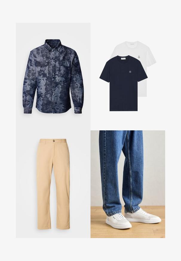 Denim košulja s tamnoplavilim cvjetnim uzorkom, dva džepa na prsima, dugmadi s prednje strane i klasičnim dizajnom kragne. Tekstura tkanine.; Dvije majice: jedna mornarsko plava s kružnim logotipom, a druga bijela s malim dizajnom sidra. Izrađene od pamuka, kratkih rukava.; Kaki donji dijelovi od pamuka s ravnim nogavicama, s prednjim kopčanjem na dugme i petljama za remen. Glatka tekstura i ravna površina.; Bijele tenisice s gumenim đonom, s perforiranim detaljima sa strane, u kombinaciji s laganim plavim trapericama, na drvenom podu.
