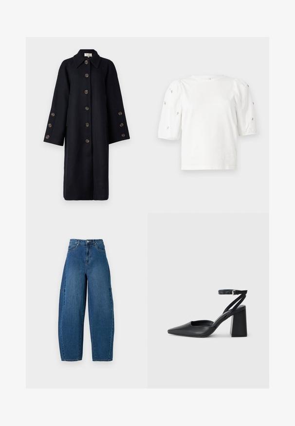 YAS YASQUARTZ BUTTON COAT - Klassisk kåpe / frakk - black; Hvit bomull T-skjorte med korte pufferm, med små sølvdekorasjoner langs ermene. Klassisk rund hals, avslappet passform.; Denimjeans i en middels blå vask, med høy midje, vide ben og standard fem-roms design med synlige sømdetaljer.; Svart lær pumps med spiss tå, ankelrem og kraftig hæl. Flat tekstur, strømlinjeformet design og minimalisme.