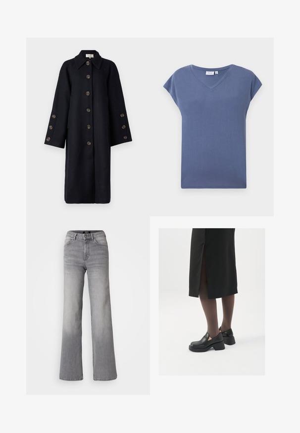 YAS YASQUARTZ BUTTON COAT - Klassisk frakke - black; V-hals, kortærmet T-shirt i en dæmpet blå farve, lavet af blødt bomuldsstof med en glat tekstur og en afslappet pasform.; Højtaljede grå denim jeans med lige ben, med frontknap og lynlås, foran og bagpå lommer, samt nedtoning på lår og lægge.; Sorte lædersko med rund tå, kraftig blokhæl og elastiske sideaccentuer, parret med mørke strømpebukser og en sort nederdel med slids.