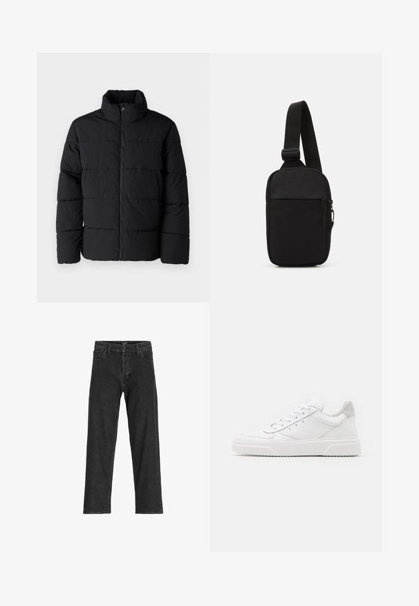 Black puffer jacket made of lightweight fabric, featuring a high collar, front zipper, and horizontal quilted pattern for insulation.; Brown knitted pullover with a polo collar, three buttons at the neck, and long sleeves. Soft texture, ribbed cuffs, and hem.; Black denim jeans with a straight leg design, featuring a zip fly, belt loops, and six pockets, made from a sturdy cotton blend fabric.; White leather sneakers with a smooth finish, rounded toe, flat laces, and a textured sole. Grey suede accent at the heel.; Black crossbody bag made of durable fabric, featuring a single adjustable strap, a zippered main compartment, and a front pocket.