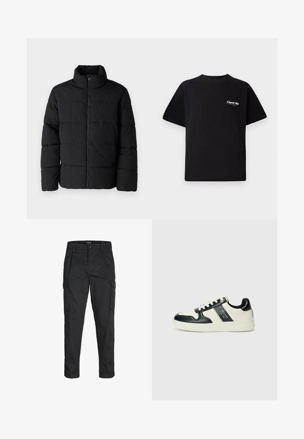 Mustapufferitakki, joka on valmistettu kevyestä kankaasta, jossa on korkea kaulus, etuvetoketju ja vaakasuora tikkauskuvio eristykselle.; Mustat puuvillateepaidat, joissa on pyöreä kaula-aukko, lyhyet hihat ja pieni valkoinen logoteksti vasemmassa rinnassa. Yksinkertainen suunnittelu, klassinen istuvuus.; Mustat cargo-housut, jotka on valmistettu kestävästä kankaasta. Housuissa on useita taskuja, nappisulku ja kapea istuvuus, jossa on kapenevat lahkeet.; Nahkakengät musta-kerma värimaailmassa, joissa on rei'itetyt yksityiskohdat, pehmustettu nilkkaosa ja teksturoitu pohja.