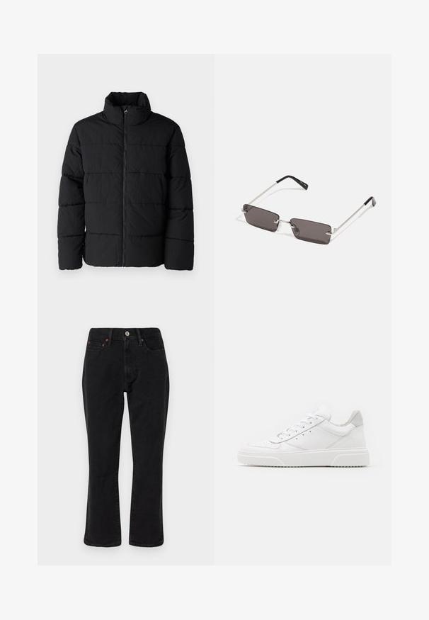 Schwarze Puffjacke aus leichtem Stoff, mit hohem Kragen, Frontreißverschluss und horizontalem Steppmuster zur Isolierung.; Weißes Baumwoll-T-Shirt mit kurzen Ärmeln, Rundhalsausschnitt und einem roten grafischen Text "LECKERER ERFRISCHENDER FRUCHT" auf der Vorderseite.; Schwarze Jeans aus Denim mit geradem Bein, Fünf-Taschen-Design und metallischen Elementen mit Kupferakzenten. Glatte Textur und mittelhoher Bund.; Weiße Leder-Sneaker mit glatter Oberfläche, rundem Zehenbereich, flachen Schnürsenkeln und strukturiertem Schuhsohlen. Graues Wildleder-Detail an der Ferse.; Sonnenbrille mit rechteckigen, dunkelgrauen Gläsern, silbernen Metallrahmen und schwarzen Kunststoffenden an den Bügeln. Leichtes Design mit Nasenpads.