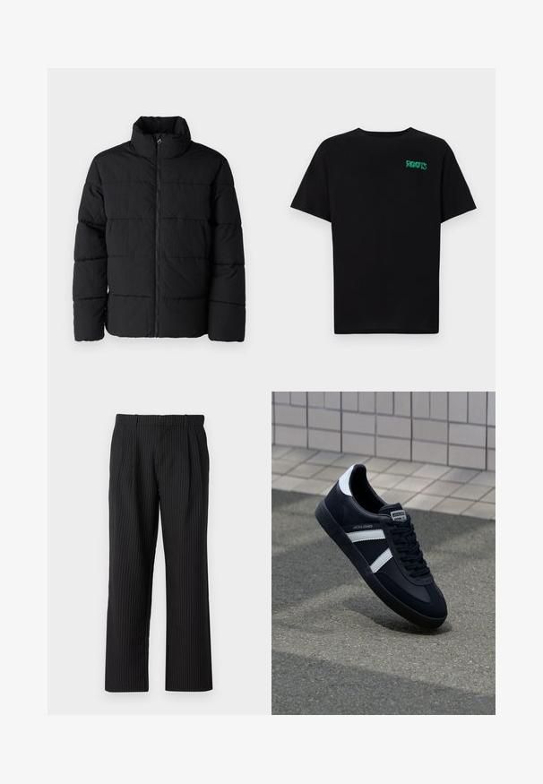 Black puffer jacket made of lightweight fabric, featuring a high collar, front zipper, and horizontal quilted pattern for insulation.; Black t-shirt made of cotton with short sleeves. Features a green "ROOTS" logo on the front, round neckline, and standard fit.; Jack & Jones JPSTBILL JJDAYTONA WIDE - Trousers - black; Black leather sneaker with white stripes, textured rubber sole, and lace-up front. Features a branded label on the tongue.