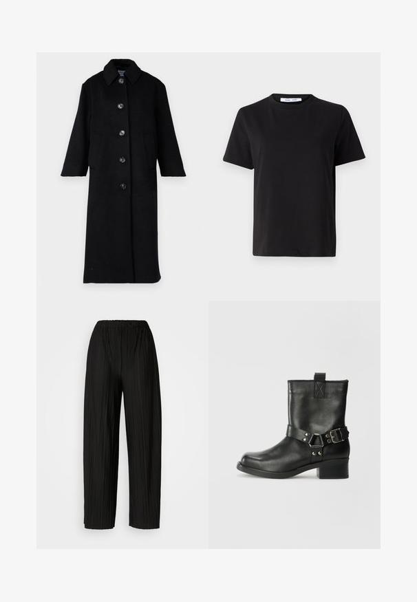 Libertine-Libertine ECLIPSE - Klassikaline mantel - black; Must have lühikeste varrukatega t-särk, mis on valmistatud pehmest puuvillast, ümmarguse kaelusega, lõdva sobivusega ja sileda tekstuuriga. Ei ole nähtavaid mustreid ega graafikat.; Mustad voodri laiad püksid elastse vöökoha ja vertikaalsete volangidega, millel on sile tekstuur.; Samsøe Samsøe SABRENTA - Kauboi/mootorratturi poolsaapad - black