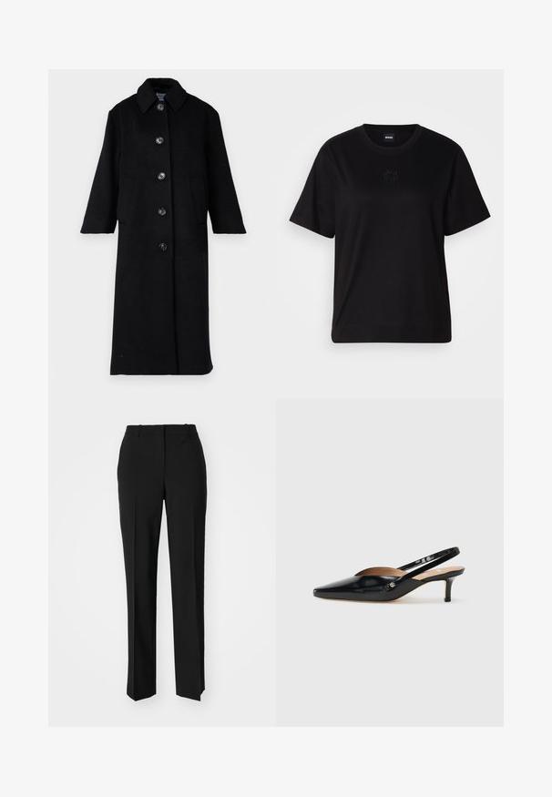 Libertine-Libertine ECLIPSE - Klasický kabát - black; Černé bavlněné tričko s kulatým výstřihem, krátkými rukávy a vyšitým logem na hrudi. Jednoduchý, volný střih bez vzorů.; Černé kalhoty na míru se střihem do rovna, které mají hladkou texturu a ostré sklady na přední straně. Bez viditelného kování.; Černé lakované slingback lodičky se špičatou špičkou, malým podpatkem a výřezovým designem na svršku. Zlaté kovové detaily na straně.