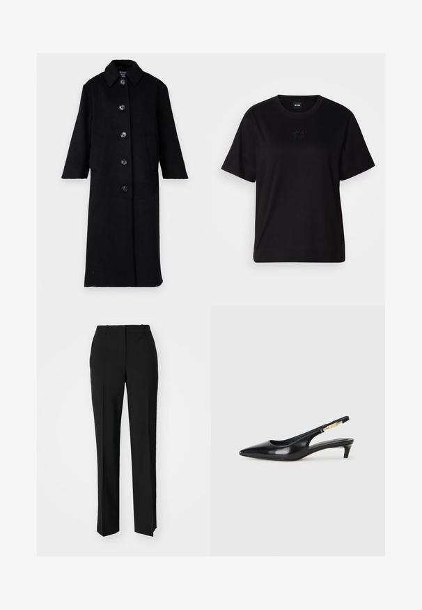 Libertine-Libertine ECLIPSE - Klasisks mētelis - black; Melna kokvilnas T-krekls ar apaļu izgriezumu, īsām piedurknēm un izšūtu logotipu uz krūtīm. Vienkāršs, brīvs piegriezums bez rakstiem.; Melnas pielāgotas bikses ar taisnu kāju dizainu, kas raksturojas ar gludu faktūru un asiem krokām pa priekšu. Nav redzamu metāla detaļu.; Melnas ādas slingback zābaki ar smailu purngalu, ar šauru papēdi un zelta krāsas akcentu uz regulējama siksniņas. Gluda tekstūra.