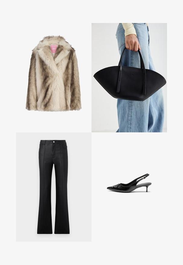 Mantou din blană artificială în nuanțe de crem și maro deschis, având un guler în stil șal și o suprafață moale, texturată. Eticheta este vizibilă pe interior.; V sweatshirt scurt de culoare burgundă, realizat dintr-un amestec de bumbac, cu mâneci lungi. Este decorat în față cu un grafic alb "art COLLECTION". Mansete ribbate.; Pantaloni evazați negri, fabricați dintr-un material sintetic neted, cu talie înaltă, buzunare frontale și detalii cu cusături vizibile pe picioare.; Cizme slingback din piele neagră, cu vârf ascuțit, toc mic de tip kitten heel și un detaliu decorativ sub formă de nod în față. Textură netedă pe întreaga suprafață.; Geantă de piele neagră cu o formă unică de evantai, având mânere plate. Suprafața are o textură cu mici granule și un design minimalist.