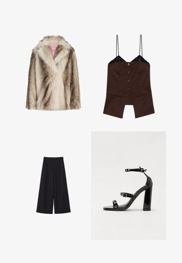 Cappotto in pelliccia sintetica in tonalità crema e marrone chiaro, con colletto a scialle e superficie morbida e texture. Etichetta visibile all'interno.; Top marrone aderente con bordo in pizzo, spalline sottili e cinque bottoni frontali; presenta un orlo spaccato e un design sartoriale.; Pantaloni neri a gamba larga con pieghe, realizzati in un tessuto morbido. Presentano una vita alta e un taglio pulito e sartoriale.; Sandali con tacco in vernice nera, con punta squadrata, cinturini alla caviglia e fibbie in argento. Presentano un tacco a blocco spesso per maggiore stabilità.