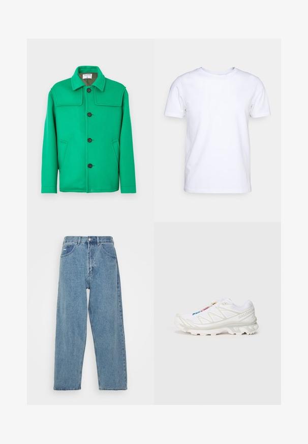 Zelena jakna od vune s klasičnim ovratnikom, gumbima sprijeda, dva bočna džepa i strukturiranim dizajnom. Glatka tekstura i srednja težina.; Bijela majica kratkih rukava od pamučnog materijala s okruglim izrezom. Jednostavan dizajn bez uzoraka ili naglasaka. Glatka tekstura.; Svijetloplave traperice s visokim strukom, ležernog kroja, koje imaju dva prednja džepa, stražnji džep s pletenicom i kopčanje na gumb.; Bijela atletska obuća s teksturiranim mrežastim gornjim dijelom, reflektirajućim detaljima i podstavljenim potplatom. Značajan logo brenda sa strane.