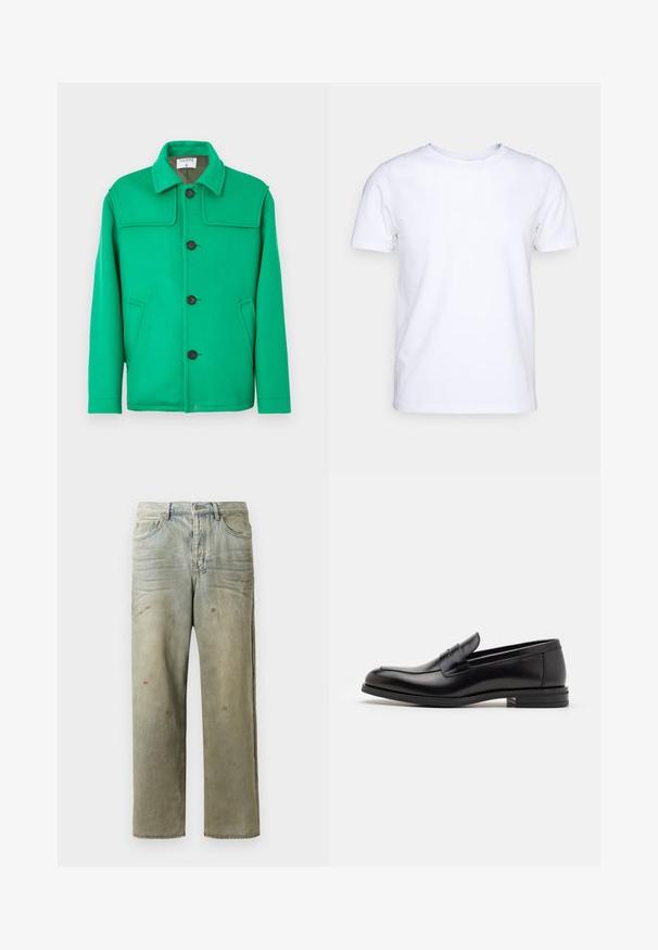 Green wool blend jacket with a classic collar, button front, two side pockets, and a structured design. Smooth texture and medium weight.; White short-sleeve t-shirt in cotton fabric with a round neckline. Simple design with no patterns or accents. Smooth texture.; Distressed denim jeans in light green, featuring a straight leg, five-pocket design, and uneven fading with paint splatters.; Black leather loafers with a smooth texture, rounded toe, and a decorative strap across the vamp. Low stacked heel, minimalist design.