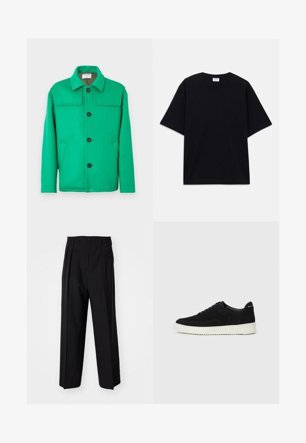 Žalia vilnos mišinė striukė su klasikiniu apykakle, mygtukų užsegimu, dviem šoninėmis kišenėmis ir struktūrizuotu dizainu. Lygus paviršius ir vidutinio svorio.; Juodas trumpas rankovėmis per didelis marškinėliai su apvaliu iškirpimu ir matoma Filippa K prekės ženklo etiketė vidinėje apykaklės pusėje.; Juodi klostuoti kelnių, su tiesiu, plačiu kojų dizainu. Pagaminti iš lygios medžiagos, su mygtukų uždarymu ir diržo kilputėmis.; Juodos veliūrinės sportinės bateliai su raištelių dizainu ir kontrastinga balta gumine padais. Yra tekstūruoti šoniniai skydeliai ir subtilus logotipas ant kulno.