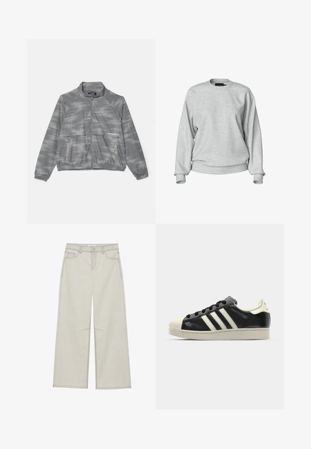 Szara, lekka kurtka z subtelnym, szczotkowanym wzorem, z zamkiem z przodu, elastycznymi mankietami i kieszenią z przodu. Wykonana z gładkiego, oddychającego materiału.; Jasnoszara bluza z okrągłym dekoltem, długimi rękawami, ribbowymi mankietami i luźnym krojem. Wykonana z miękkiego materiału z minimalnymi detalami.; Jasnoszare spodnie szerokie w nogawkach z pięcioma kieszeniami, zapinane na guzik z przodu, z kontrastującymi szwami. Materiał wydaje się miękki i trwały.; Czarne skórzane trampki z białymi paskami, gumowym czubkiem, czarnymi sznurówkami i kremową podeszwą. Gładka faktura z połyskującym wykończeniem.