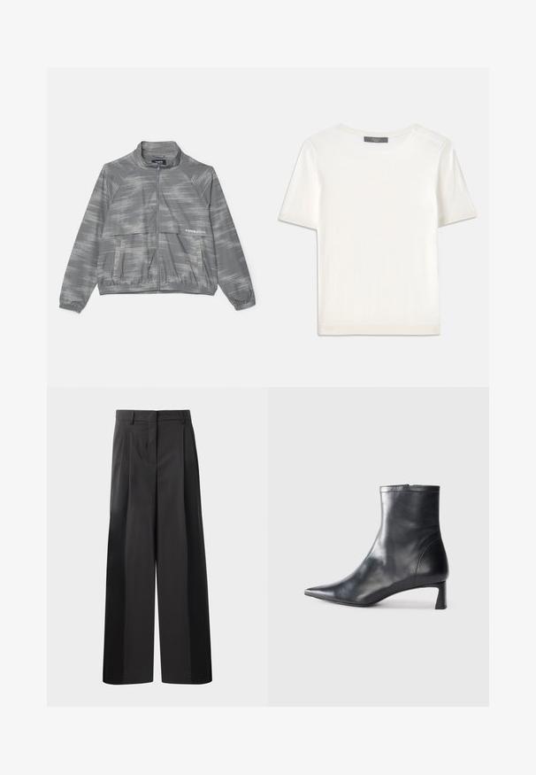 Giacca leggera grigia con un sottile motivo spazzolato, chiusura con zip, polsini elasticizzati e tasca frontale. Realizzata in materiale liscio e traspirante.; Top corto a maniche corte di colore bianco, in maglia, con scollatura rotonda. Presenta una texture liscia e accenti a coste sottili sulle maniche e sull'orlo.; Pantaloni neri a gamba larga con vita alta, caratterizzati da pieghe frontali, una texture liscia e una finitura sartoriale. Progettati per un fit rilassato.; Stivaletto in pelle nera con punta affusolata e design elegante. Presenta un tacco basso e una chiusura con zip sul retro. Texture liscia.