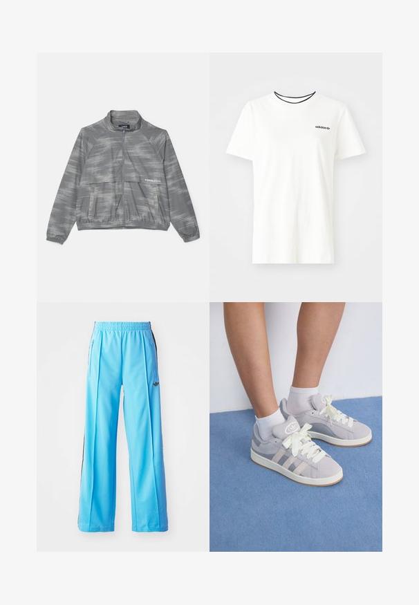 Grå letvægtsjakke med et subtile børstet mønster, lynlås i front, elastiske manchetter og en frontlomme. Fremstillet af glat, åndbart materiale.; Hvid bomulds t-shirt med korte ærmer og rund halsudskæring. Har et sort Adidas-logo på brystet og en kontrasterende sort indvendig krave.; Lysblå træningsbukser med elastisk talje, sidelommer med lynlås og sorte sideaccenter. Blødt stof med en løs design i bred ben.; Grå ruskinds sneakers med hvide snørebånd og gummisål, udstyret med tre diagonale striber på siden og et logo-patch på tungen.