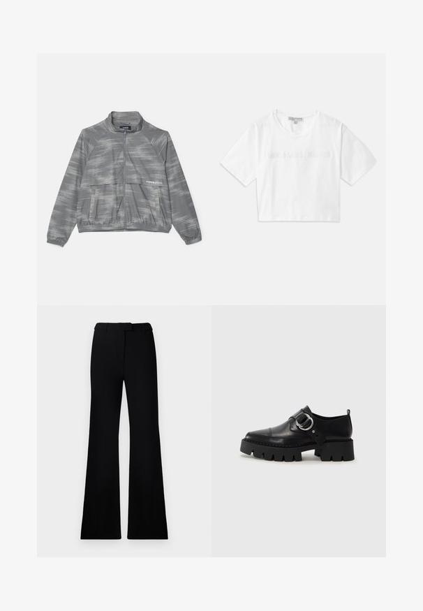 Jachetă ușoară gri, cu un model subtil periat, cu fermoar în față, manșete elastice și un buzunar frontal. Fabricată dintr-un material neted și respirabil.; Tricou alb scurt, din bumbac, cu mâneci scurte și logo-ul "MICHAEL KORS" brodat în text asortat pe partea din față.; Pantaloni negri evazați, cu o textură netedă, talie ajustată și buzunare frontale, proiectați cu o siluetă modernă, elegantă.; Pantofi din piele neagră cu o talpă groasă, nervurată, având un accent circular din metalargintiu și un detaliu minim de cusătură.