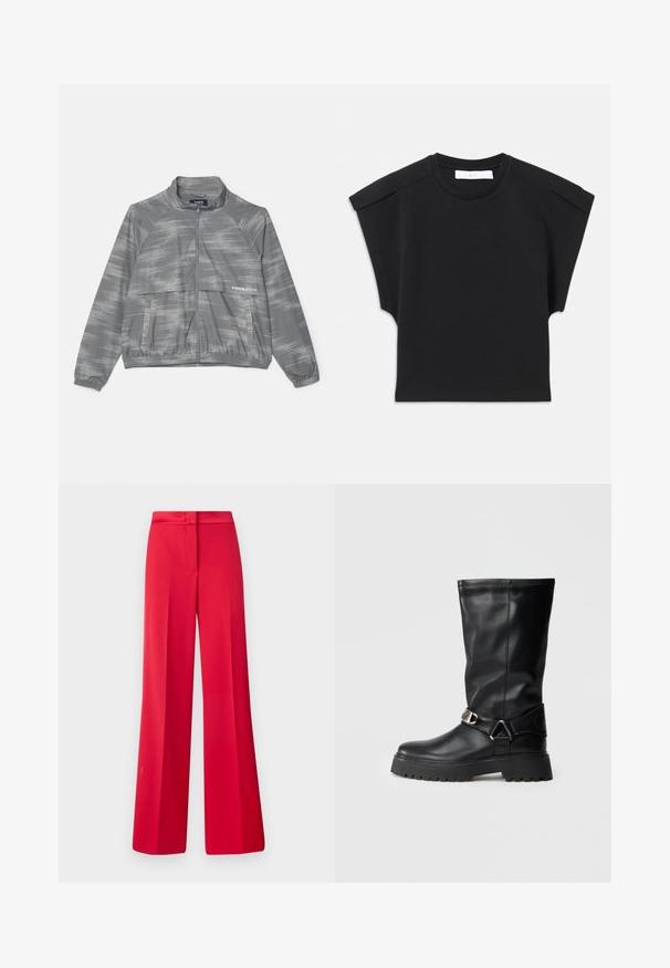Giacca leggera grigia con un sottile motivo spazzolato, chiusura con zip, polsini elasticizzati e tasca frontale. Realizzata in materiale liscio e traspirante.; Top corto nero con maniche corte, scollo tondo e dettagli sulle spalle, adagiato su uno sfondo bianco.; Pantaloni a gamba larga rossi con una texture liscia, una vita piatta e un design strutturato, caratterizzati da pieghe davanti e una vestibilità sartoriale.; Stivali neri al ginocchio realizzati in pelle liscia, con un'applicazione a fibbia sul lato e una suola spessa e testurizzata per una migliore aderenza.