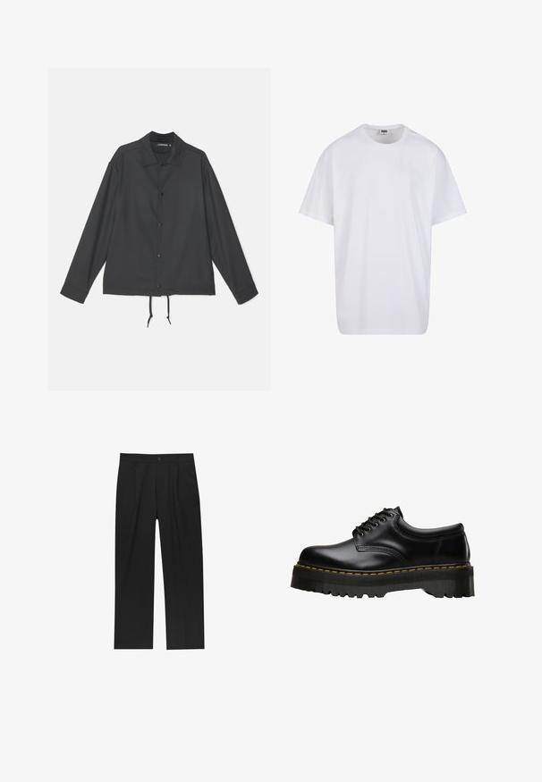 J.LINDEBERG CELIAN COACH OVERSHIRT - Poletna jakna - black; Bela bombažna majica s kratkimi rokavi, okroglim izrezom, sproščenim krojem in brez vidnih logotipov ali vzorcev. Gladka tekstura in minimalen dizajn.; Črne hlače z ravnim krojem, narejene iz gladkega materiala. Imajo sprednje gube in enojno zaponko na pasu.; Črne usnjene čevlje z vezalkami, debelim zobatim črnim gumijastim podplatom in rumenim šivom ob robu, ki imajo gladek finiš.