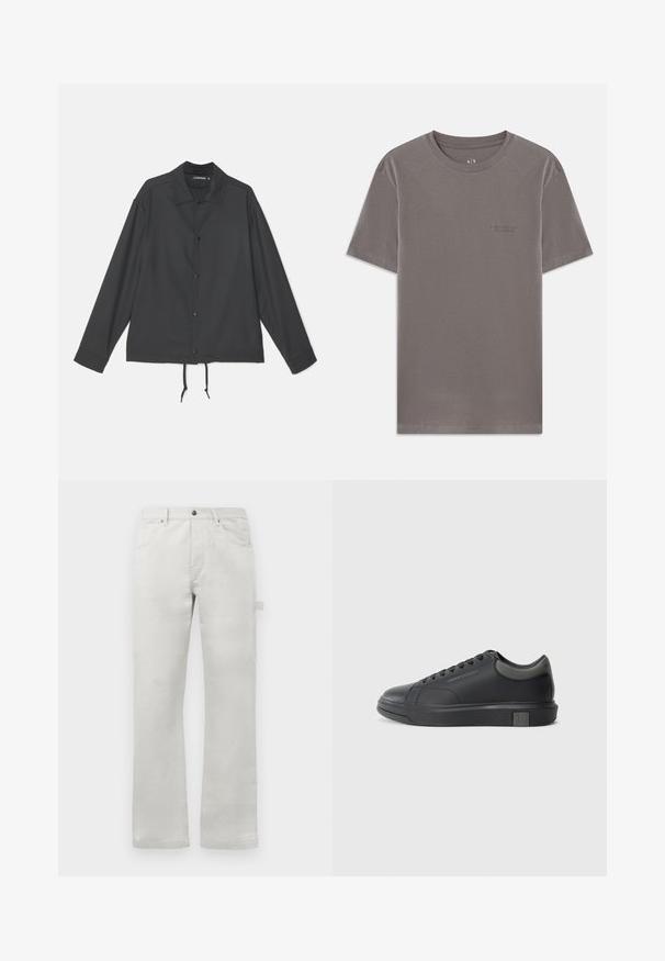 J.LINDEBERG CELIAN COACH OVERSHIRT - Poletna jakna - black; Siva kratka majica s kratkimi rokavi, izdelana iz mehke bombažne tkanine. Okrogli ovratnik z majhnim vtisnjenim logotipom na levem prsnem delu. Gladka tekstura, običajen kroj.; Svetlo sivi hlače s ravnim krojem, izdelane iz gladkega bombažnega materiala, s sprednjimi žepi in stranskim žepom za tovor.; Črne usnjene teniske s gladko površino, zaobljenim prstom in temno sivo akcenti. Imajo sistem vezanja in teksturiran gumijast podplat.