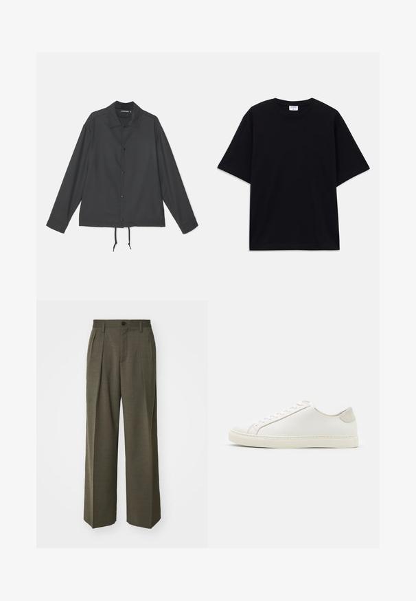 J.LINDEBERG CELIAN COACH OVERSHIRT - Sommerjakke - black; Svart oversized t-skjorte med kort erm og rund hals, med synlig Filippa K-merkelapp inne i kragen.; Filippa K WIDE TROUSERS - Bukse - driftwood; Hvite lærersneakers med en jevn overflate, rund tå og minimalistisk design. Har beige detaljer på hælen og en gummisåle.