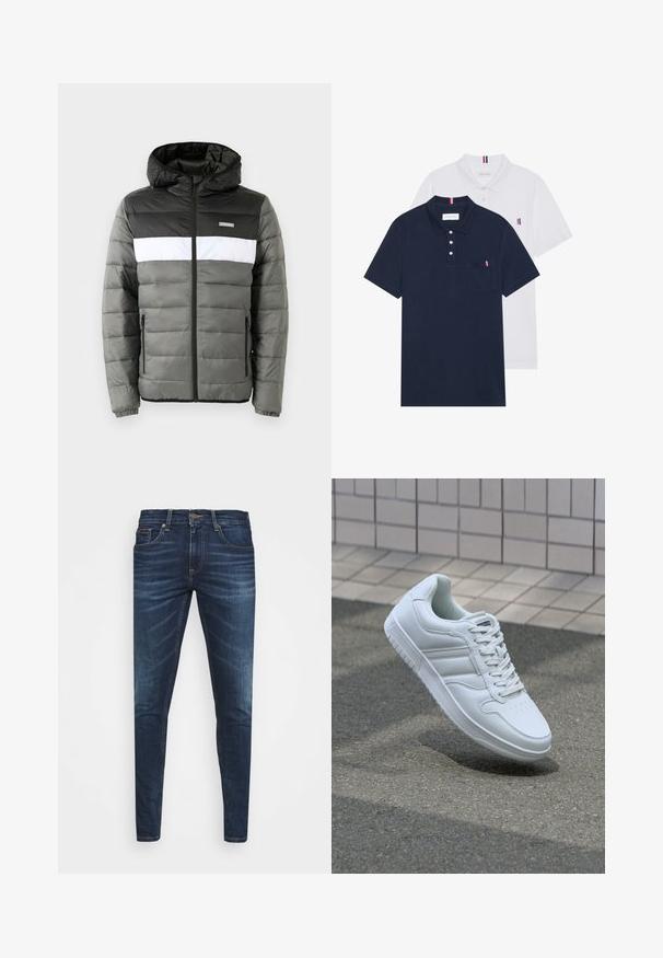 Farveblokeret pufferjakke med sort hætte, grå krop og hvid vandret stribe. Har lynlås og sidelommer. Letvægtsmateriale.; To polo skjorter: en marineblå og en hvid, begge med en lille rød, hvid og blå detalje på brystlommen og kraven.; Mørkeblå denim jeans med slim fit, subtil falming, fem lommer og metalknaplukning. Syede detaljer i kontrastfarve.; Hvide atletiske sneakers med glat læderoverdel, snørelukning foran, perforeret tå og mønstret sål. Minimalistisk design med tre sidelister.