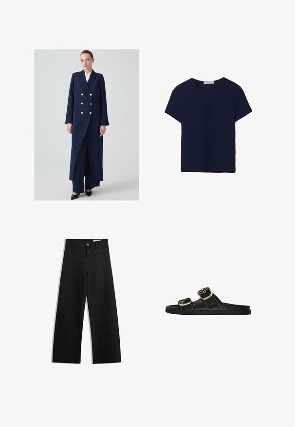 Námornícky modrý dvojradový kabát so zlatými gombíkmi, dlhými rukávmi a predným rozparkom; vyrobený z textúrovanej tkaniny, strihaný pre voľný strih.; Tmavomodré bavlnené tričko s krátkym rukávom a okrúhlym výstrihom, s hladkým povrchom a rovnými okrajmi bez vzorov alebo akcentov.; Čierne denimové nohavice s širokými nohavicami a vysokým pásom, so prednými a zadnými vreckami, šitými švami a zapínaním na gombík. Hladká textúra.; Čierne šľapky s dvoma zlatými prackami, hladký textúrovaný materiál, plochá podrážka a minimalistický dizajn.