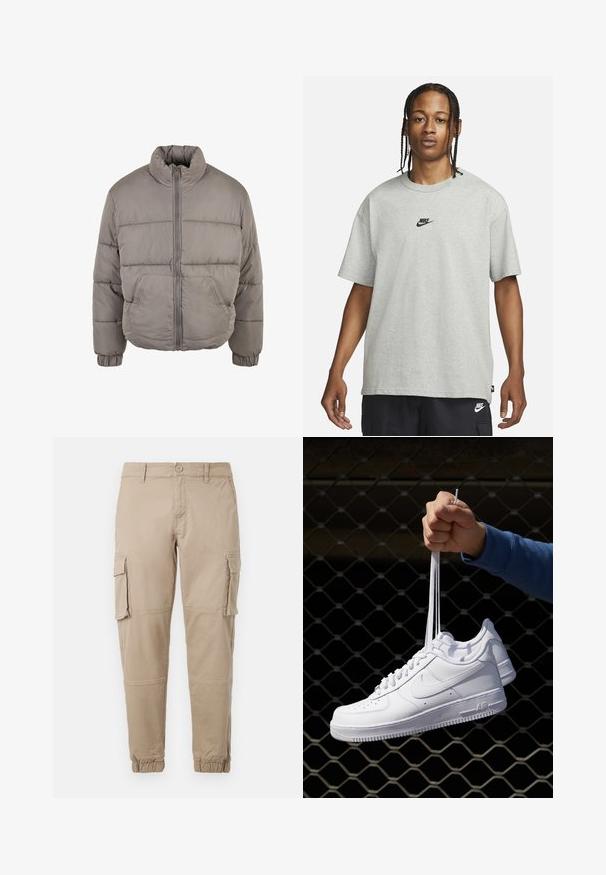 Chaqueta bomber gris acolchada con cuello alto, cierre frontales con cremallera y puños elásticos. Dos bolsillos frontales y secciones acolchadas para mayor textura.; Joven con cabello trenzado que lleva una camiseta Nike gris claro y pantalones cortos Nike negros frente a un fondo blanco liso.; Pantalones cargo beige de un material de algodón ligero. Presenta puños elásticos, múltiples bolsillos laterales y un cierre de botón.; Zapatillas de cuero blanco con perforaciones, punta redonda, suela plana y cordones gruesos, con un logo de swoosh visible y "AIR" en el talón.