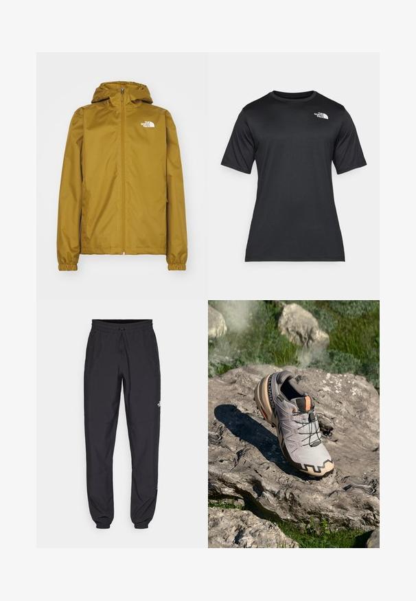 Svijetlosmeđa jakna s kapuljačom The North Face s prednim zatvaračem i elastičnim manžetama, prikazana na bijeloj pozadini.; Crna majica kratkih rukava od lagane, prozračne tkanine koja upija vlagu. Ima bijeli logo na lijevoj strani prsnog koša i okrugli izrez.; Crne sportske hlače od lagane tkanine, s pojasom na vezanje, bočnim džepovima i suženim manžetama na gležnjevima.; Svijetlosivi trail trkaći tenisice s bež detaljima, teksturiran gornji dio, crne vezice i izraženi profil na soles. Ima logo branda.