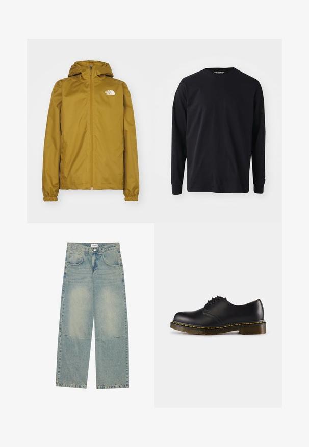 Jasno brązowa kurtka z kapturem The North Face z frontowym zamkiem błyskawicznym i elastycznymi mankietami, zaprezentowana na białym tle.; Czarna koszulka z długim rękawem wykonana z bawełny, z okrągłym dekoltem i prostym krojem, z małym logo na rękawie.; Jasnoniebieskie dżinsy o szerokich nogawkach, wykonane z denimu, z dwoma przednimi kieszeniami, zapięciem na guzik i wyblakłym odcieniem z widocznym szwem.; Czarna skórzana półbut z okrągłym noskiem, wiązany, z żółtym przeszyciem wzdłuż podeszwy i masywną, teksturowaną gumową podeszwą.