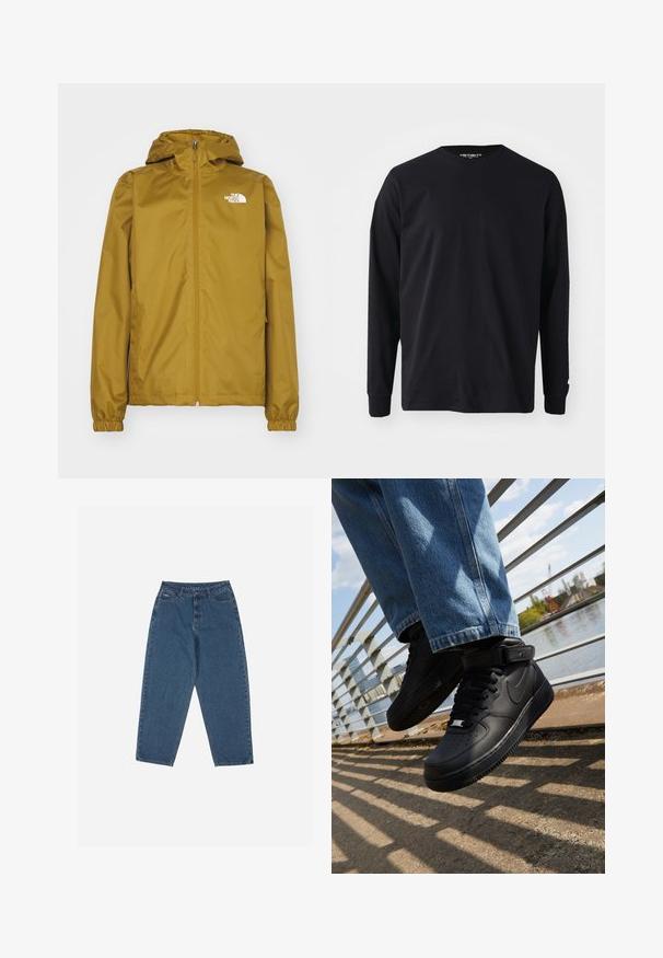 Heled pruun The North Face kapuutsiga jakk, millel on eeslukuga ja elastsed mansetid, esitatud valgel taustal.; Must musta varrukatega T-särk, mis on valmistatud puuvillast, ümmarguse kaelusega ja sirge lõikega, väikese logodetailiga varrukal.; Sinised teksased, mis on lõdva lõikega, kõrge vöökohaga, viie tasku disainiga ja õmblusaktsentidega. Omab nupuga ja tõmblukuga sulgemist.; Mustad mustad Nike Air Force 1 sneakerid nahast pealsega, mestist keelaga ja kummist tallaga, millel on kõrge disain ja paksud paelad.