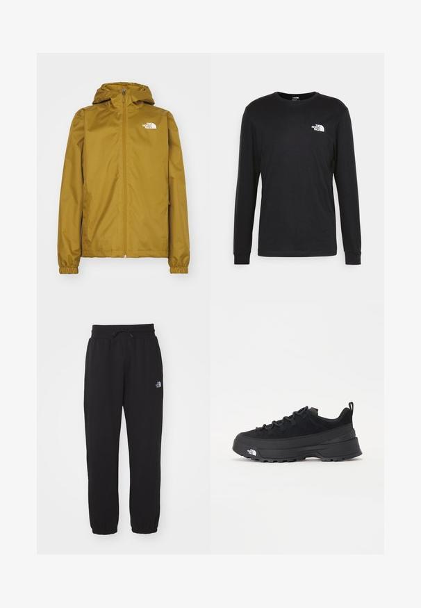 Šviesiai rudas The North Face gobtuvu paltas su priekine užtrauktuko uždarymo sistema ir elastingomis rankovėmis, pristatytas ant baltos fono.; Juoda džemperis ilgomis rankovėmis, pagamintas iš medvilnės, su baltu logotipu kairėje krūtinės pusėje ir pūstomis rankogaliais. Lygus paviršius su apykakle.; Juodos sportinės kelnės, pagamintos iš minkštos medžiagos, su elastinga juosmens juosta ir raišteliu, apatinėmis dalimis su gumomis bei mažu logotipu viršutiniame šlaunies regione.; Juodas lauko sportinis batelis su zomšiniu viršumi, tekstūruota guma padais ir tvirtas raištelių sistema. Yra sustiprinta kulno dalis ir prekės ženklo logotipas šone.