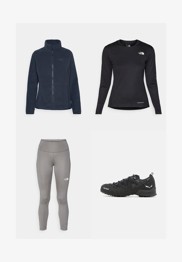 Mørkegrå fleecejakke med høy krage, hel glidelås og to sidelommer. Har raglanermer og diskret logo-detalj på brystet.; The North Face SHADOW LONG SLEEVE - Topper langermet - black; Grå tights laget av et elastisk materiale, med høy midje og Northern Face-logoen i hvitt på venstre ben.; Sorte tursko med teksturert stoffoverdel, snøresystem og røff gummisåle. Utsmykket med reflekterende detaljer og logoer.
