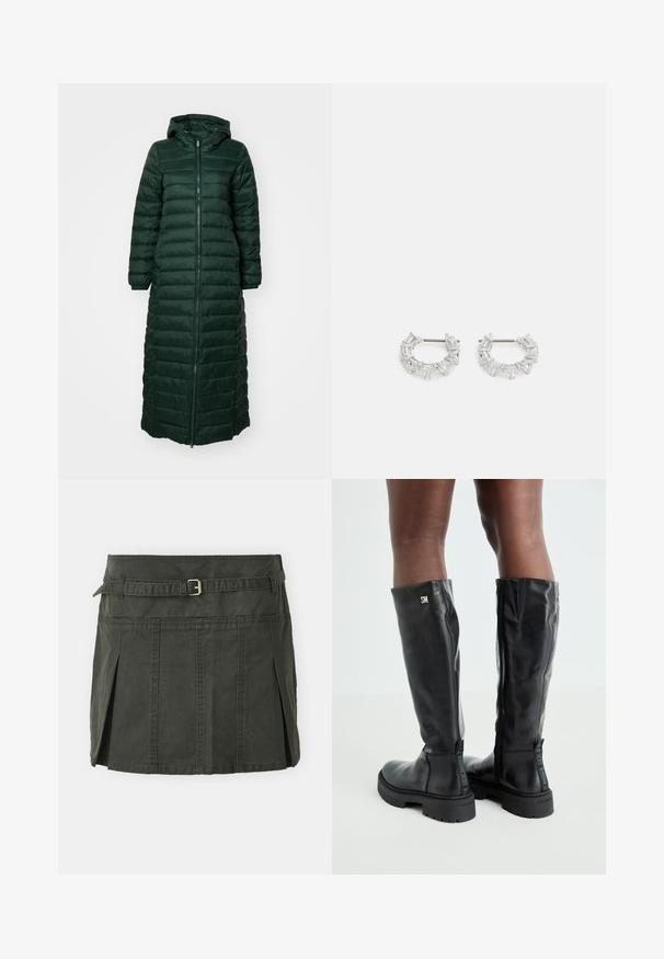 Sötétzöld, hosszú puffertakaró cipzáros záródással, kapucnival és rugalmas mandzsettákkal; steppelt kialakítással és sima textúrával rendelkezik.; Világosszürke, rövidített kötött pulóver fekete és fehér virágmintával, kerek nyakkivágással és bordázott mandzsettákkal. Puha tapintás, lezser dizájn.; Sötétzöld, pamut mini szoknya, formázott derékkal, övvel és elülső pliszékkel. Varrott részletekkel és klasszikus szabással rendelkezik.; Fekete, térd fölé érő bőr csizmák sima textúrával, lekerekített orral, vastag talppal és cipzáras záródással. Ezüst színű logó található az oldalon.; Ezüst karika fülbevalók, átlátszó, téglalap és háromszög alakú kristályokkal, mintás elrendezésben. Biztonságos rögzítést biztosító fülbevaló pálcikák.