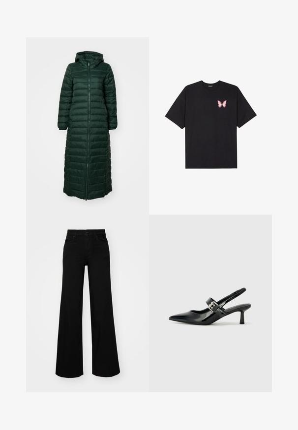Casaco puffer longo verde escuro com fecho de zíper, capuz e punhos elásticos; possui um design acolchoado e uma textura suave.; T-shirt de algodão preto com mangas curtas, apresentando um pequeno gráfico de borboleta rosa no lado esquerdo do peito. Design de gola redonda com um corte solto.; Calças largas pretas em denim, com uma cintura estruturada, passantes para cinto e bolsos frontais. Textura suave com um design clássico.; Saltos slingback em verniz preto com bico pontiagudo e um pequeno salto bloco, apresentando um detalhe de fivela prateada na tira.