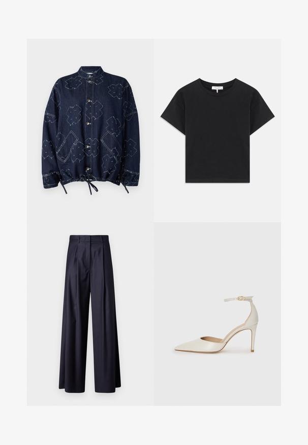 Henrik Vibskov SMILEY JACKET - Džínová bunda - dark needle punch; Černé zkrácené tričko vyrobené z bavlny, s kulatým výstřihem, krátkými rukávy a jednoduchým designem bez vzorů nebo ozdob.; Kalhoty s širokými nohavicemi v tmavě námořnické barvě, s přehyby, hladkou texturou, střižením na míru a vysokým pasem.; Bílé kožené lodičky na vysokém podpatku s špičatou špičkou, kotníkovým páskem a štíhlým jehlovým podpatkem. Hladká textura s mírným lesklým povrchem.