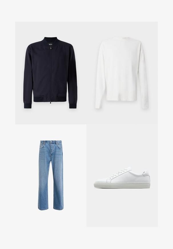 Cazadora bomber azul marinho, feita de tecido liso, com fecho de zip, colarinho ergido, e punhos e bainha canelados. Sem padrões ou acentos visíveis.; Camisa de algodão branca de mangas longas com decote redondo, fendas laterais na parte inferior e uma textura suave, mostrada de trás.; Calças de ganga azul claro com um design de perna reta, cinco bolsos, fecho de botão, desgaste mínimo e detalhes de costura em contraste.; Sapatilha branca com um cabedal em couro liso e de perfil baixo. Apresenta um bico redondo, seis ilhoses e uma sola de borracha texturizada.