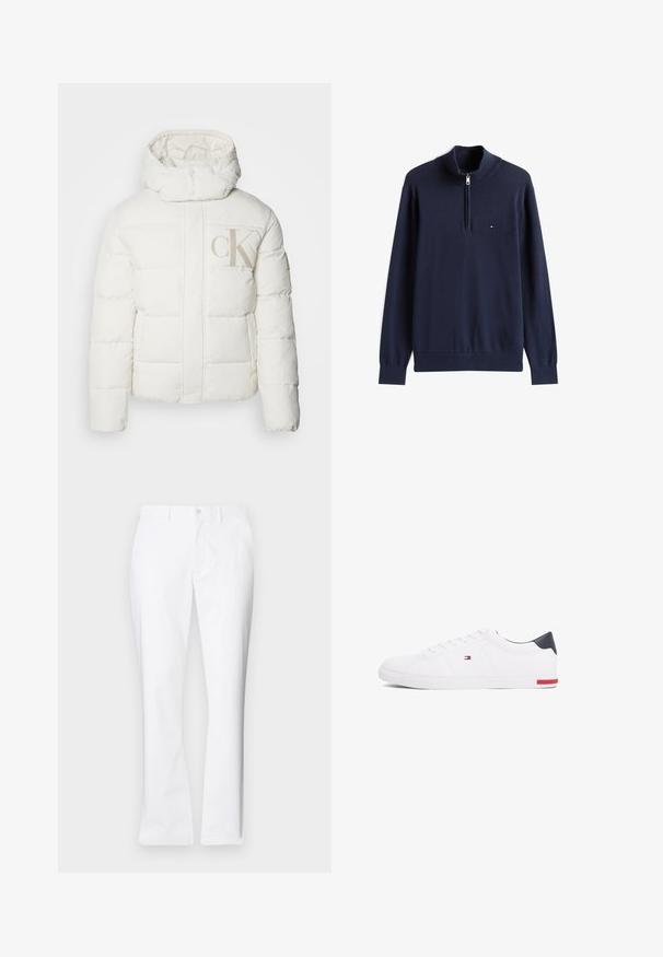 Vit puffjacka med hög krage och huva. Har quiltade sektioner och en stor beige "CK" logotyp på framsidan. Slät textur.; Mörkblå zip-up tröja med hög krage, ribbade muddar och nederkant; har en liten logotyp på bröstet; tillverkad av mjukt stickat material.; Vita bomullbyxor med rak passform, framfickor, en enkel knappknäppning och en slät yta.; Vita låga sneakers i slätt läder. Har en marinblå hälkappa och en röd detalj på sulan. Sex öglor för snörning.