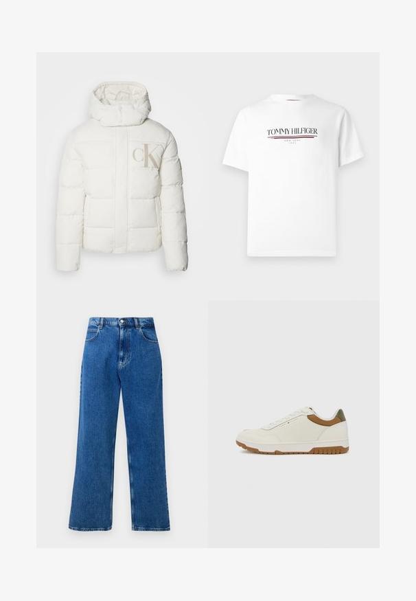 Baltas pūkinis švarkas su aukštu apykakle ir kapišonu. Yra siuvinėtos dalys ir didelis smėlio spalvos "CK" logotipas priekyje. Lygus paviršius.; Balta medvilnės marškinėliai su juodu „TOMMY HILFIGER“ logotipu ir raudona akcentine linija, apvaliu iškirpimu ir trumpomis rankovėmis.; Mėlyni aukštu liemeniu, plačiais džinsais su priekiniais mygtukais ir užtrauktuku, diržo kilpomis ir penkiomis kišenėmis.; Tommy Hilfiger BASKET CORE - Sportbačiai - ecru/army green