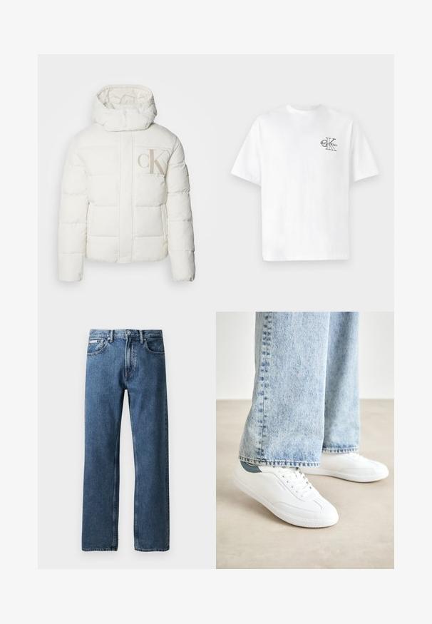 Balts pūka jaka ar augstu apkakli un kapuci. Iemūžina quiltētas sekcijas un lielu beigu "CK" logotipu priekšā. Gluda virsma.; Balta kokvilnas T-krekls ar īsām piedurknēm, apaļo kaklu, ar melnu CK logotipu kreisajā krūšu zonā, standarta piegriezums, gluda tekstūra.; Zilas taisnas kāju džinsu bikses ar augstu jostasvietu, pogu un rāvējslēdzēju, priekšējām kabatām un mazu baltu zīmola etiķeti labajā kabatā.; Baltas kedas ar gludu materiālu, auklām, teksturētu gumijas zoli un tirkīza akcentu uz papēža, apvienoti ar gaiši ziliem džinsiem.