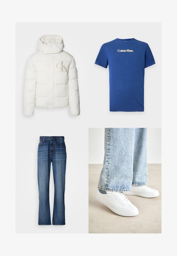 Baltas pūkinis švarkas su aukštu apykakle ir kapišonu. Yra siuvinėtos dalys ir didelis smėlio spalvos "CK" logotipas priekyje. Lygus paviršius.; Mėlynas medvilnės marškinėliai su apvaliu kaklu, trumpomis rankovėmis ir auksiniu Calvin Klein logotipu per krūtinę. Lygus paviršius, kasdienis dizainas.; Mėlynos džinsinės kelnės su aukštu liemeniu, platėjančiomis kojomis, penkių kišenių dizainu ir tonuotu siuvimu. Yra mygtukų užtrauktukas ir niežai kišenės.; Baltos sportbačiai su lygiu paviršiumi, raišteliais ir tekstūruota guma, su žaliu akcentu ant kulno, derinami su šviesiai mėlynomis džinsinėmis kelnėmis.