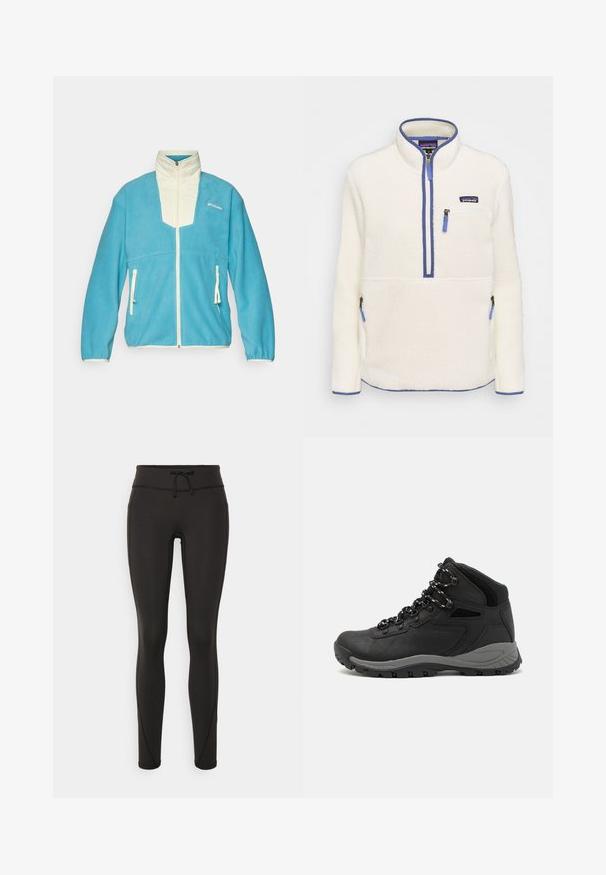 Blue fleece jacket with cream accents, high collar, full zipper, and two front pockets with zipper closures. Features logo on chest.; Fleece pullover in white, featuring a half-zip front, blue zip accents, chest pocket, and side pockets. Smooth texture, high collar.; Black leggings with a high waistband, drawstring, smooth texture, and fitted design. Features stitching details along the sides.; Black hiking boot with a mid-top design, featuring a textured upper, gray accents, and durable rubber sole with traction lugs.