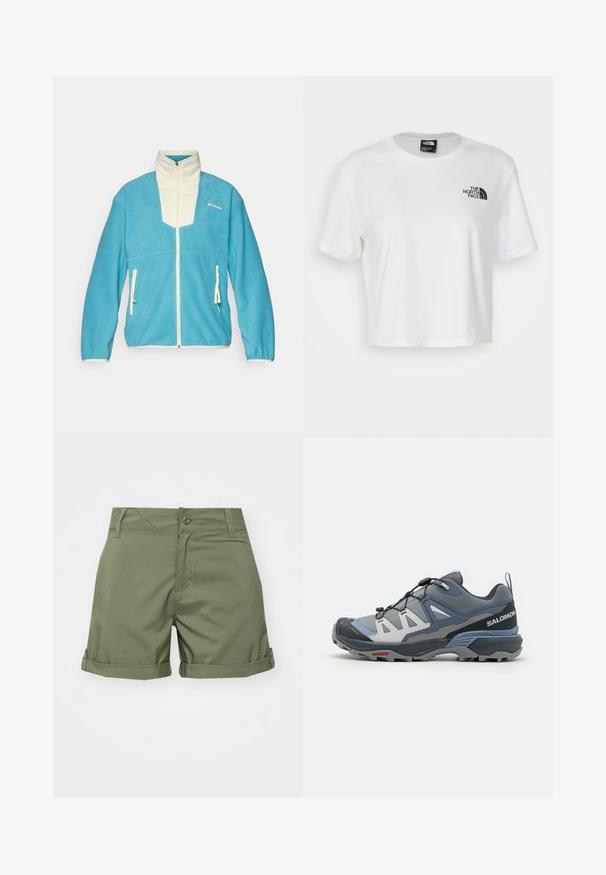 Sinine fliistekootud jakk kreemikate detailidega, kõrge krae, täispikk lukk ja kaks eesmist taskut lukuga. Rinnas on logo.; Valge lühikeste varrukatega puuvillane lühikesed t-särk, ümmarguse kaelusega. Vasakul rinnal on must logo.; Oliivroheline lühike püks, mis on valmistatud kergest kangast, millel on nupuga sulgus, üleskeeratud äär ja ees- ja taga-taskud. Sile tekstuur.; Salomon X ULTRA 360 - Matkajalatsid - sharkskin/grisaille/stonewash