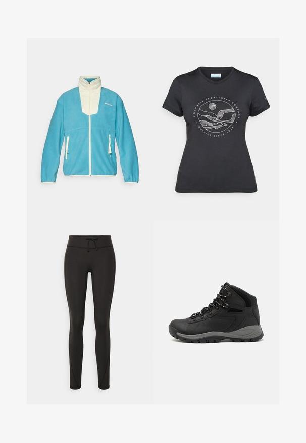 Casaco de polar azul com detalhes em creme, gola alta, fecho de correr completo e dois bolsos frontais com fechos de correr. Apresenta o logótipo no peito.; T-shirt preto da Columbia com arte em linha branca circular representando montanhas e rios, e o texto "Columbia Sportswear Company Outside Since 1938."; Leggings pretos com uma cintura alta, cordão, textura suave e design ajustado. Apresentam detalhes de costura ao longo das laterais.; Bota de caminhada preta com design de cano médio, apresentando um upper texturizado, detalhes cinzentos e sola de borracha durável com cravos de tração.